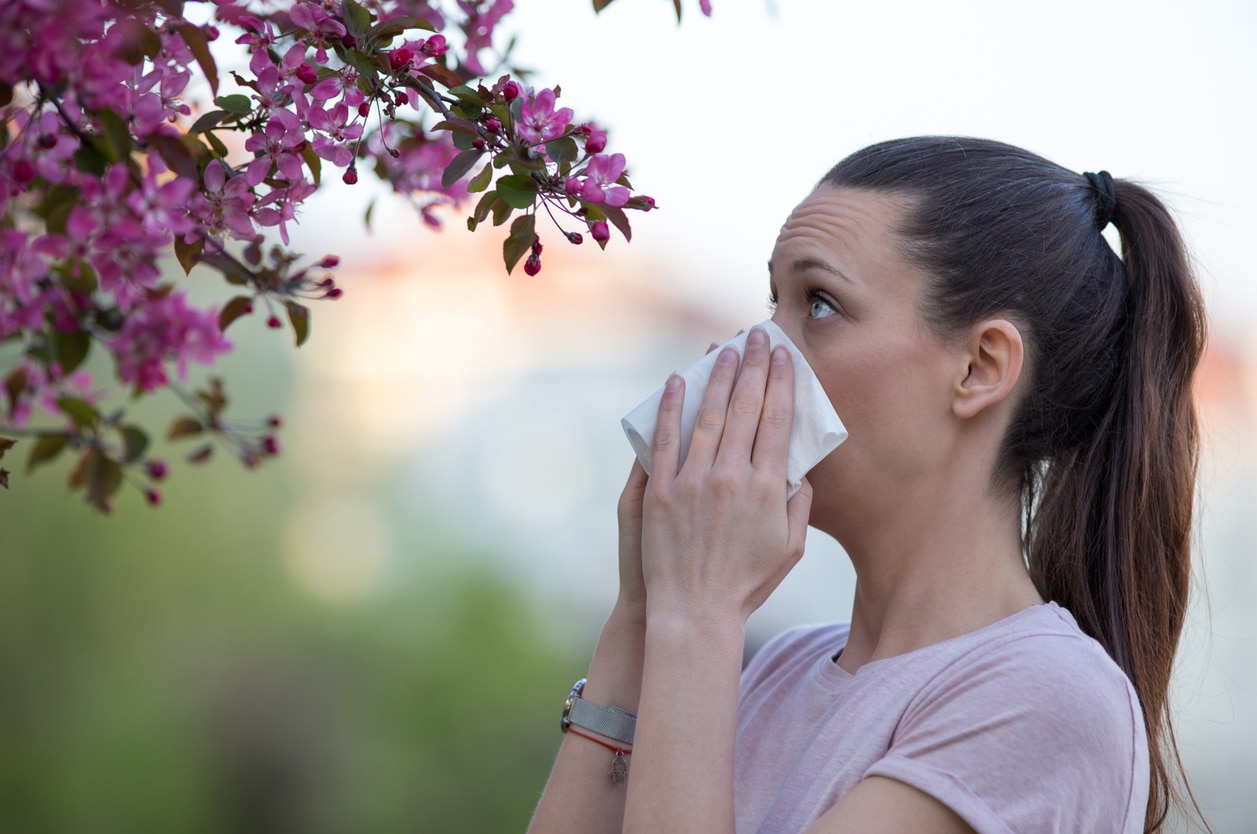 Woman with allergies blowing her nose, looking at a flowering tree.