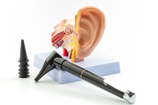 Ear model with otoscope.