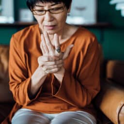 Woman with arthritis holding her sore hand.
